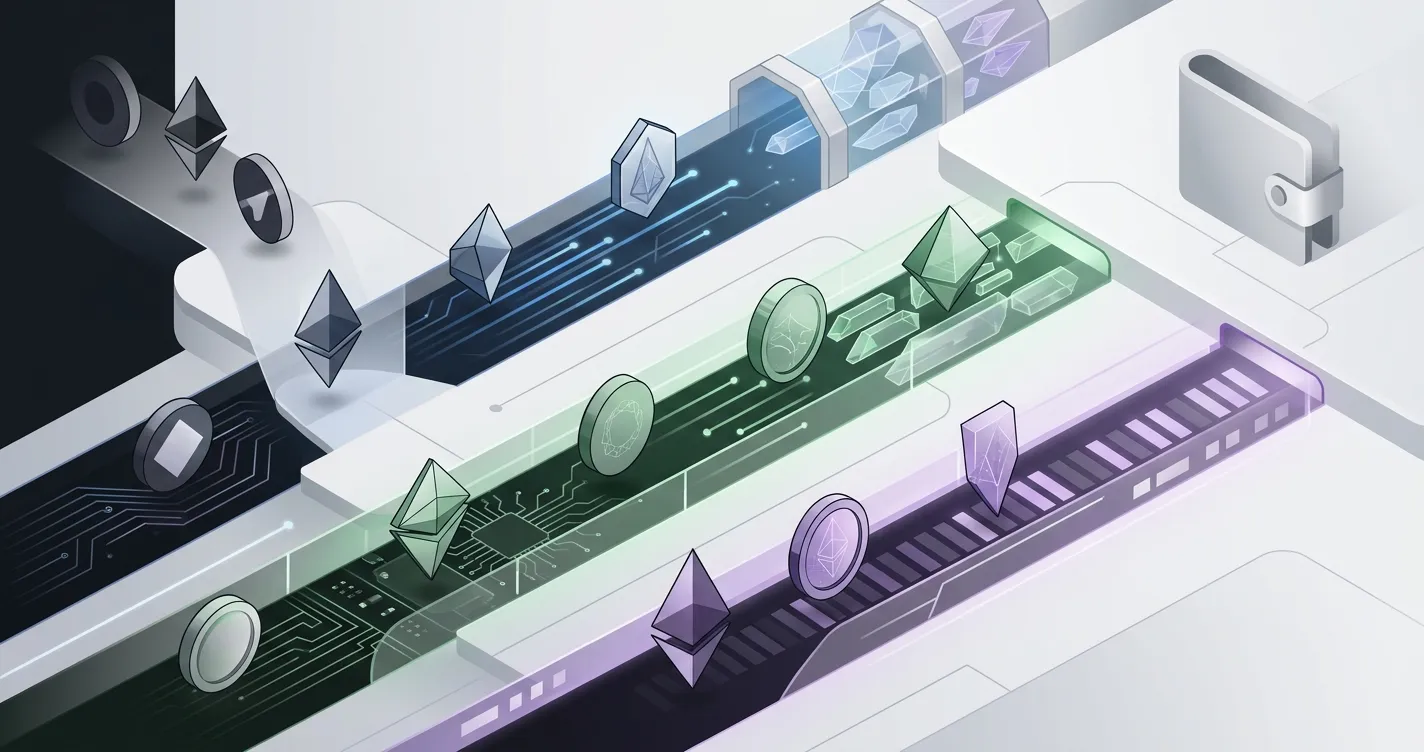 Educational illustration of crypto assets moving across matching blockchain networks