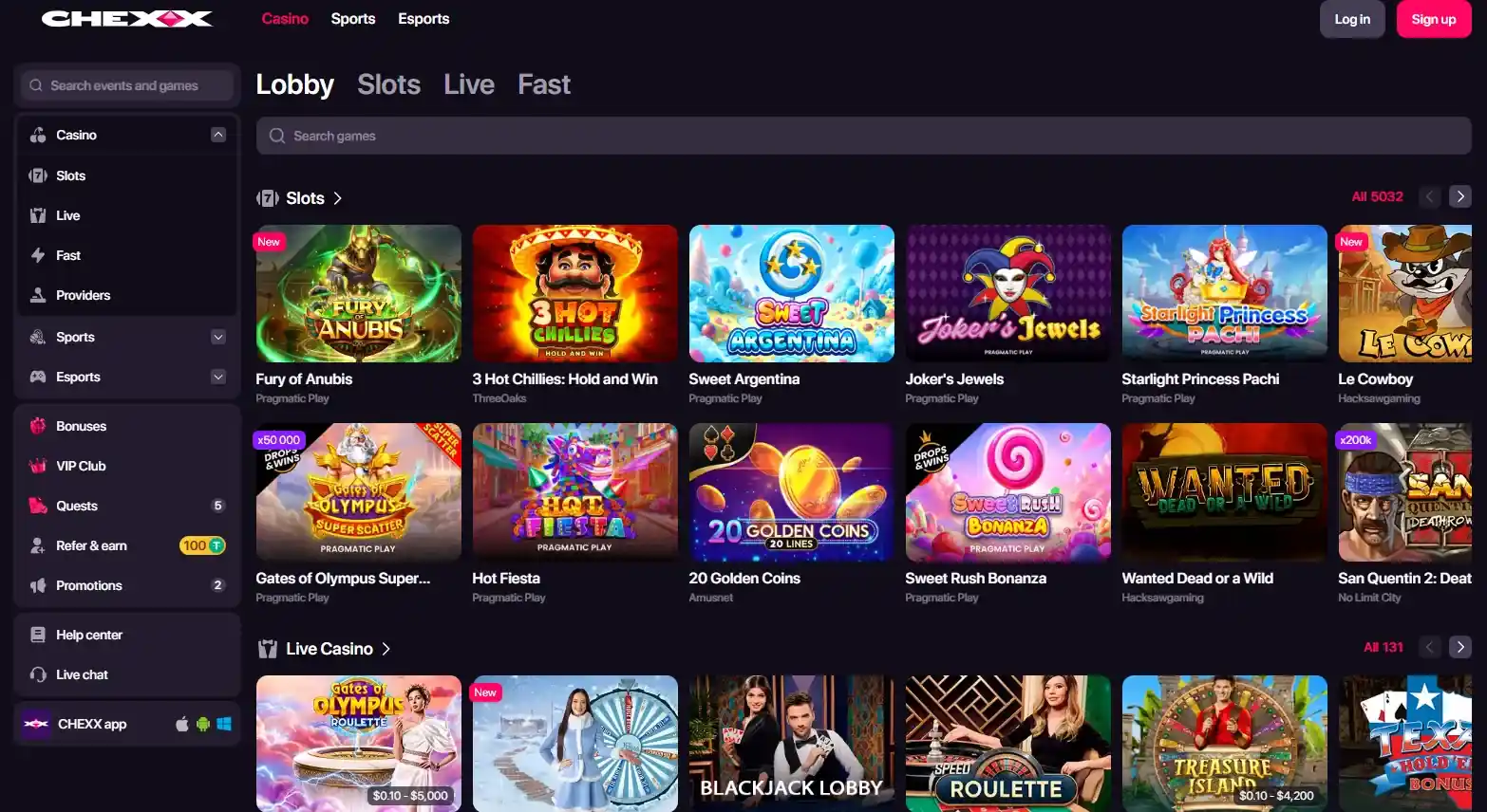 CHEXX casino lobby with slots, live casino and Fast Games categories