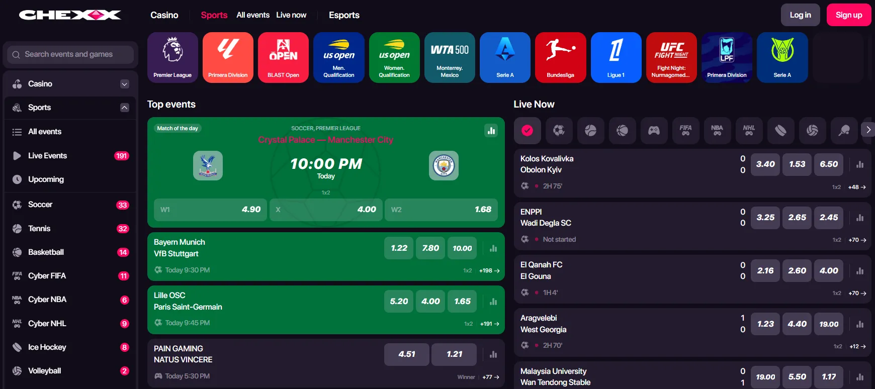 CHEXX sportsbook navigation showing real sports market categories