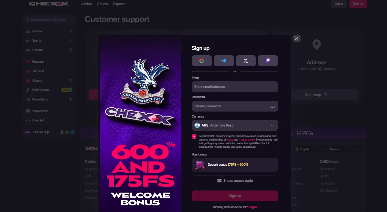 CHEXX registration modal showing the available sign-up methods