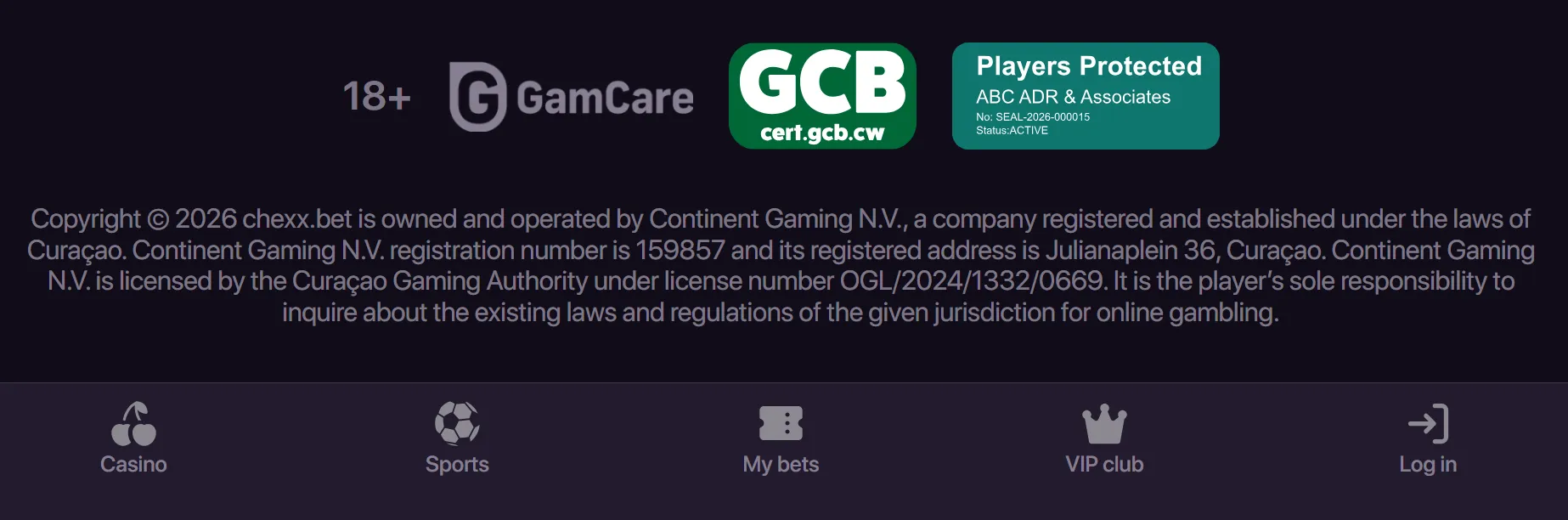 CHEXX website footer showing Continent Gaming N.V. and Curaçao licence details