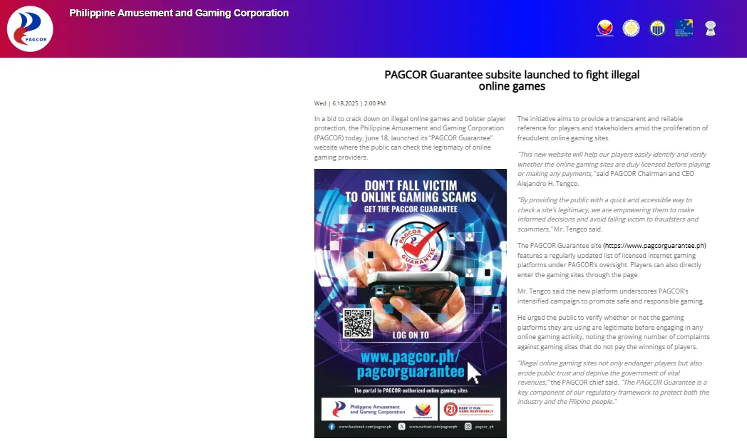 Official PAGCOR source used to verify authorized online gaming websites in the Philippines