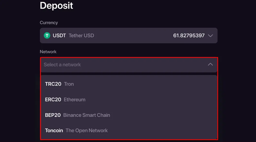 CHEXX crypto cashier deposit network selection screen