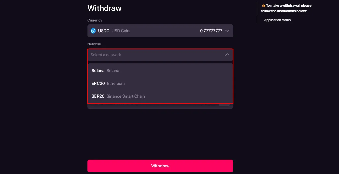 CHEXX crypto withdrawal cashier screen with currency and network selection