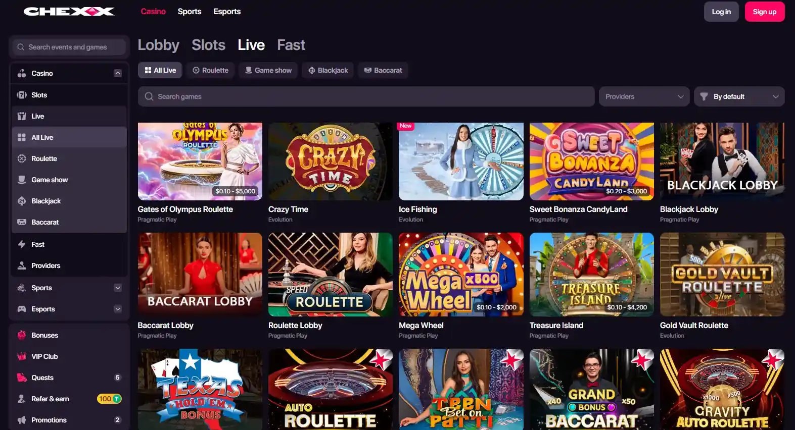 CHEXX live casino lobby showing live table categories