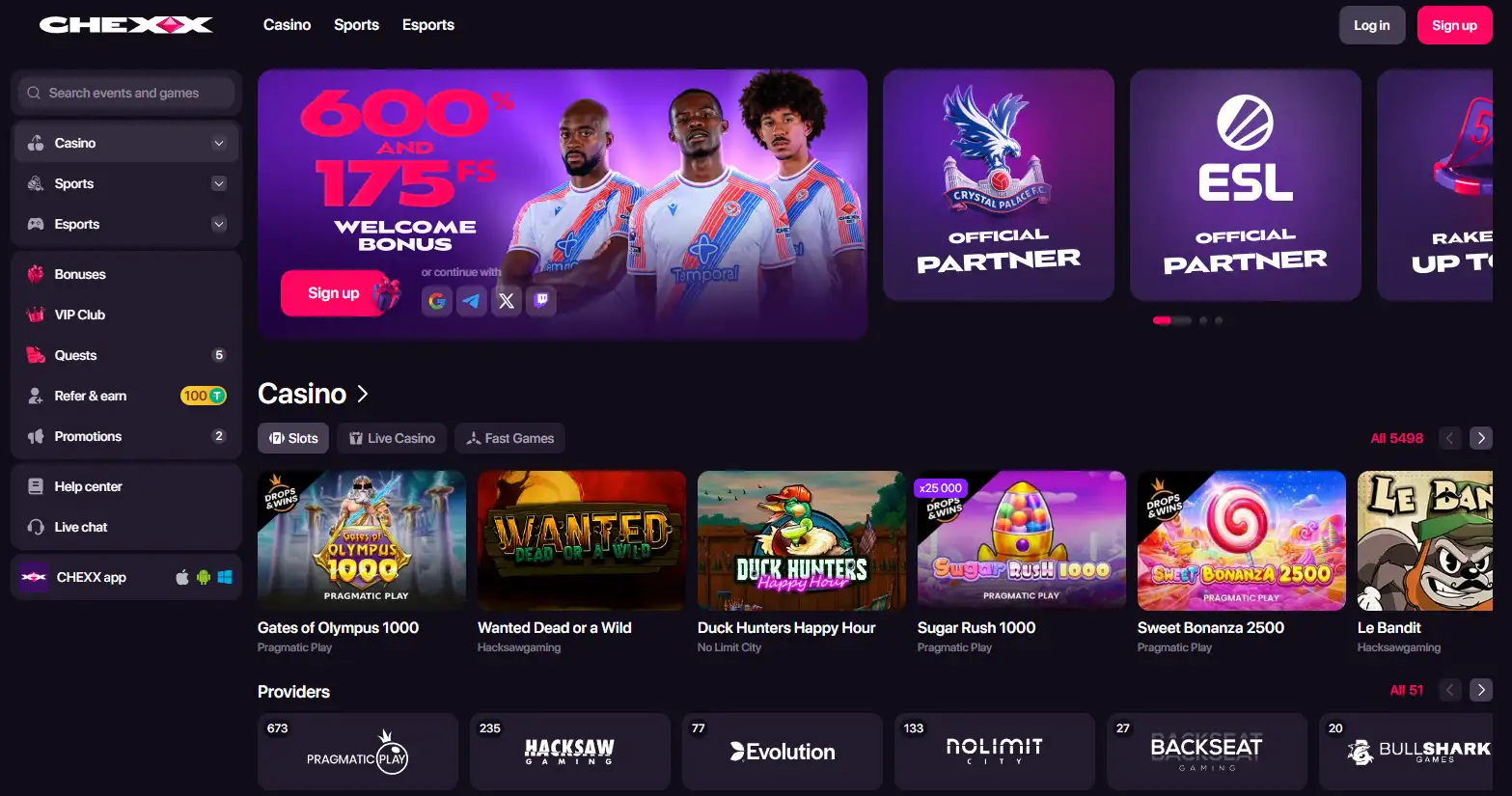 CHEXX casino and sportsbook homepage interface